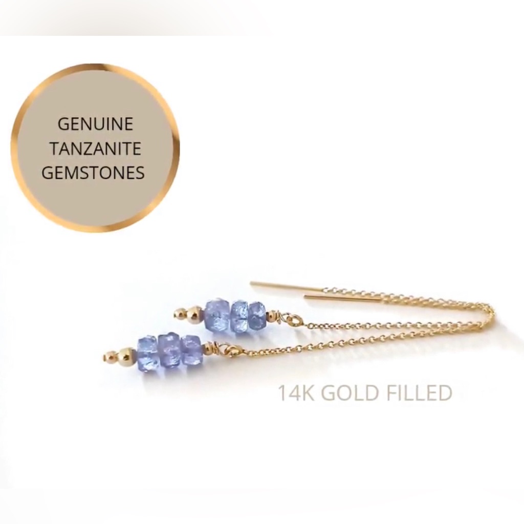 Real Tanzanite Gemstone Drop Threader Earrings In 14k Gold Filled Chain 55$